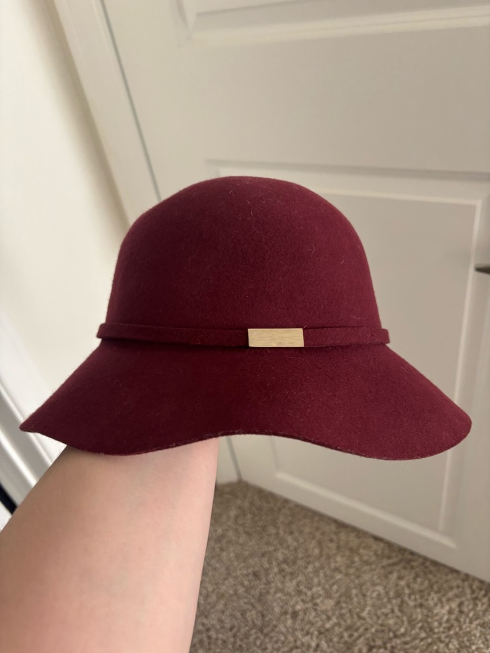 Womens Vintage style Burgundy Cloche Wool Hat with Gold Accent